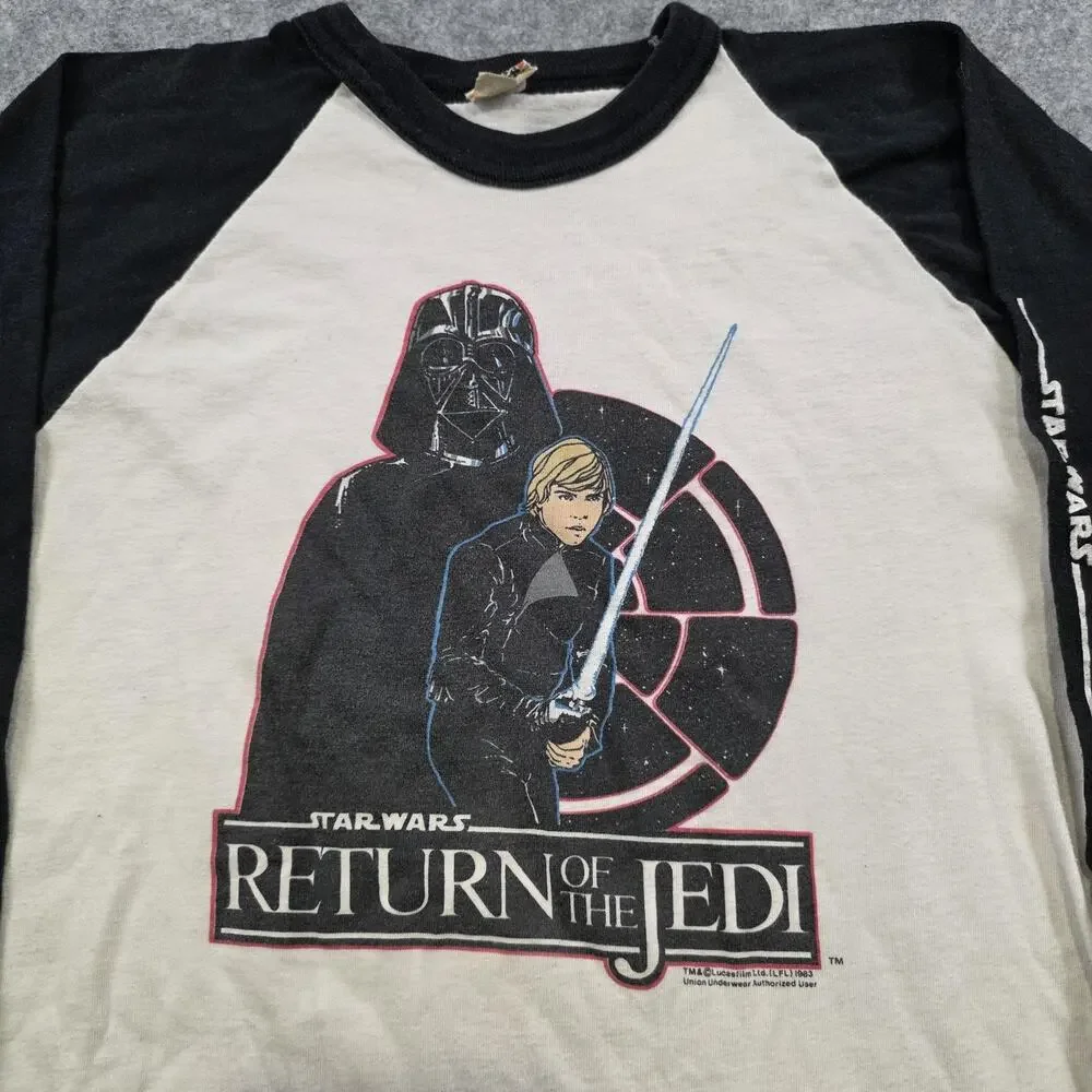 Vintage Star Wars Return Of‎ The Jedi T Shirt Youth 14-16 Black Raglan 80s Lucas